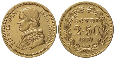 Stato Pontificio. Roma. Pio IX (1846 - 1870). 2,50 Scudi 1857 Anno XII. Au (4,38 G; 18,5 MM)