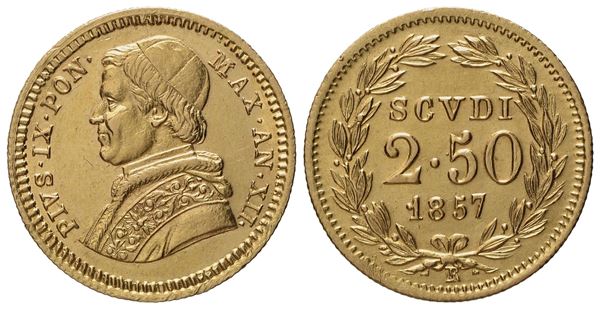 STATO PONTIFICIO. Roma. Pio IX (1846 - 1870). 2,50 scudi 1857 anno XII. Au (4,38 g; 18,5 mm)  - Asta Monete e medaglie medievali e moderne italiane ed estere - Bertolami Fine Art - Casa d'Aste