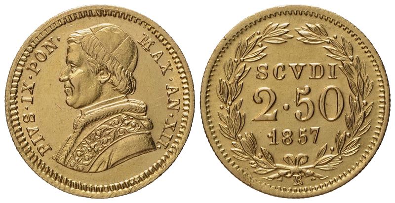 Stato Pontificio. Roma. Pio IX (1846 - 1870). 2,50 Scudi 1857 Anno XII. Au (4,38 G; 18,5 MM)