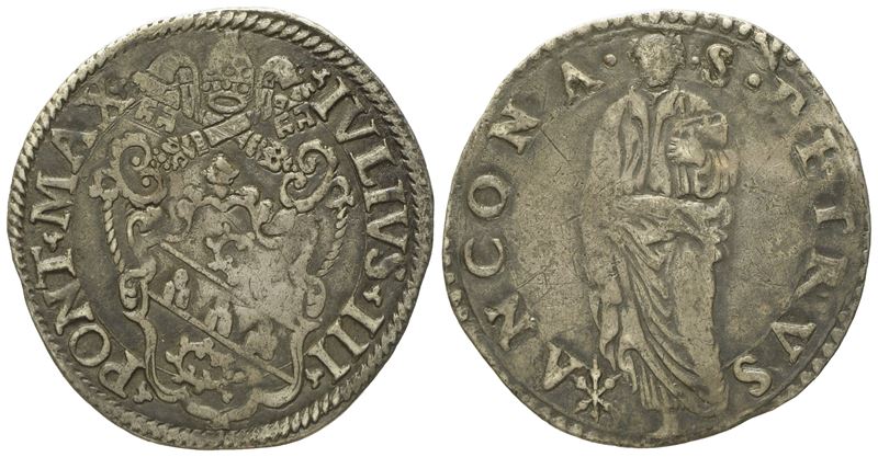 Stato Pontificio. Ancona. Giulio III (1550 - 1555). Giulio "san Pietro". Ag (2,92 G; 27,3 MM)