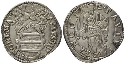 Stato Pontificio. Ancona. Paolo IV (1555 - 1559). Giulio "san Paolo". Ag (3,08 G; 27,7 MM)