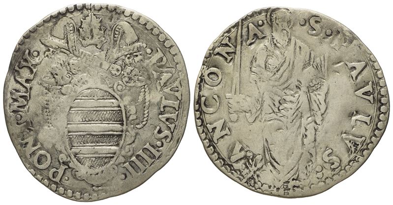 Stato Pontificio. Ancona. Paolo IV (1555 - 1559). Giulio "san Paolo". Ag (2,97 G; 27,8 MM)