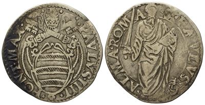 Stato Pontificio. Roma. Paolo IV (1555 - 1559). Giulio "san Paolo". Ag (3,03 G; 26,8 MM)