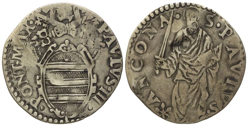 Stato Pontificio. Ancona. Paolo IV (1555 - 1559). Giulio "san Paolo". Ag (2,78 G; 26 MM)