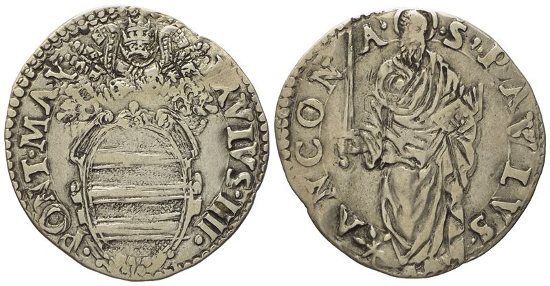 Stato Pontificio. Ancona. Paolo IV (1555 - 1559). Giulio "san Paolo". Ag (2,93 G; MM 27)