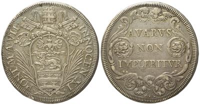 Stato Pontificio. Roma. Innocenzo XI (1676 - 1689). Mezza Piastra Anno VII (1682). Ag (15,85 G; 3...