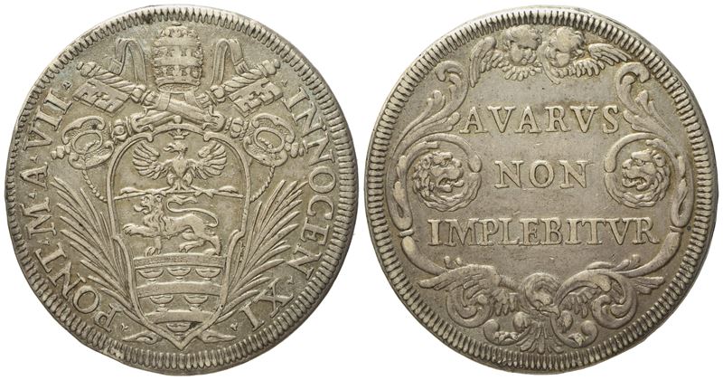 Stato Pontificio. Roma. Innocenzo XI (1676 - 1689). Mezza Piastra Anno VII (1682). Ag (15,85 G; 3...