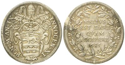 Stato Pontificio. Roma. Innocenzo XI (1676 - 1689). Testone 1685. Ag (g 8,94; MM 31,7).