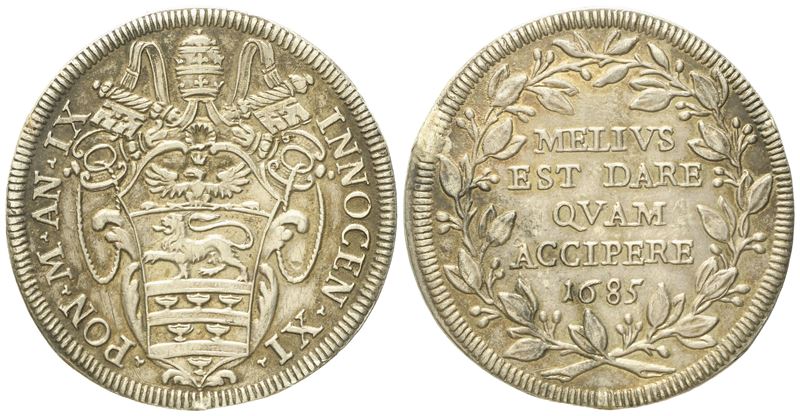 Stato Pontificio. Roma. Innocenzo XI (1676 - 1689). Testone 1685. Ag (g 8,94; MM 31,7).