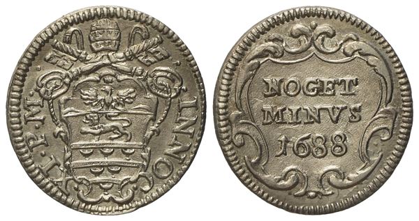 STATO PONTIFICIO. Roma. Innocenzo XI (1676 - 1689). Mezzo grosso 1688. Ag (0,79 g; 15,2 mm)