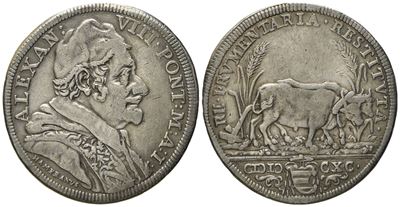Stato Pontificio. Roma. Alessandro VIII (1689 - 1691). Testone 1690 "buoi". Ag (g 8,72; MM 32,6).