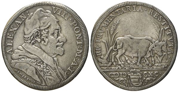 STATO PONTIFICIO. Roma. Alessandro VIII (1689 - 1691). Testone 1690 "Buoi". Ag (g 8,72; mm 32,6).  - Auction Modern Coins - Bertolami Fine Art - Casa d'Aste