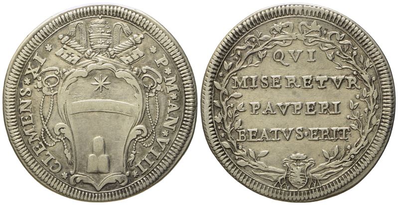Stato Pontificio. Roma. Clemente XI (1700 - 1721). Testone Anno VIII. Ag (g 9,00; MM 32).