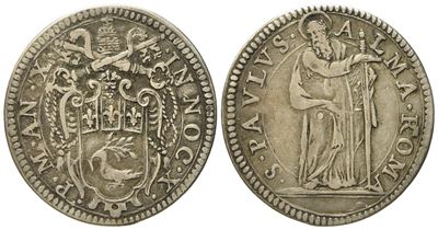 Stato Pontificio. Roma. Innocenzo X (1644 - 1655). Giulio Anno X "san Paolo". Ag (g 3,14; MM 24,8...