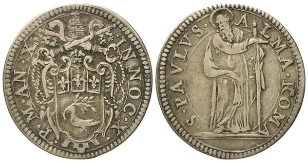 STATO PONTIFICIO. Roma. Innocenzo X (1644 - 1655). Giulio anno X "San Paolo". Ag (g 3,14; mm 24,8).  - Auction Modern Coins - Bertolami Fine Art - Casa d'Aste