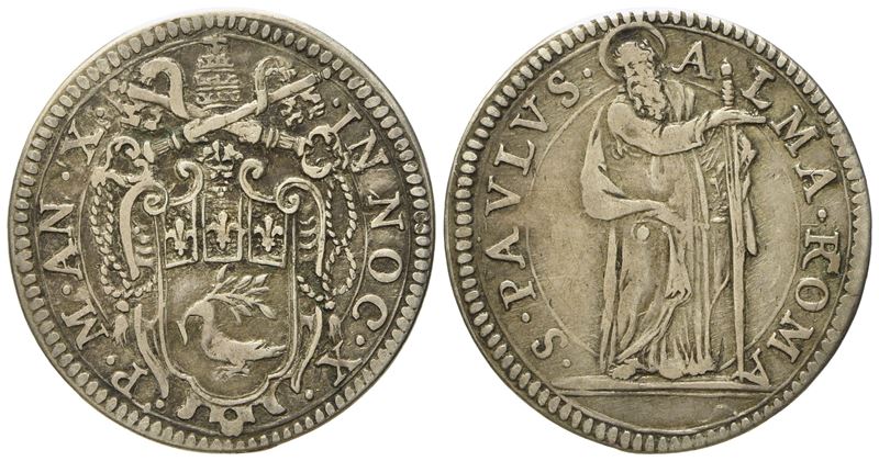 Stato Pontificio. Roma. Innocenzo X (1644 - 1655). Giulio Anno X "san Paolo". Ag (g 3,14; MM 24,8...
