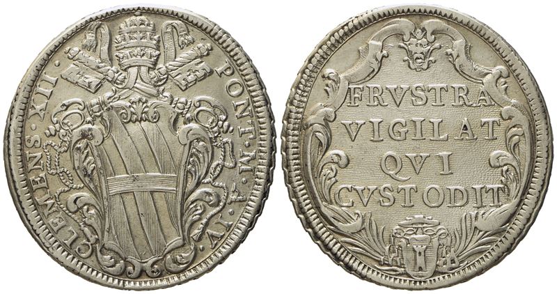 Stato Pontificio. Roma. Clemente XII (1730 - 1740). Mezza Piastra Anno IV. Ag (g 14,64; MM 36,3).