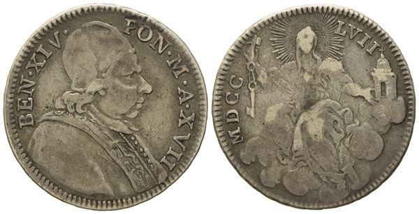 STATO PONTIFICIO. Roma. Benedetto XIV (1740 - 1758). Doppio giulio 1757, anno XVII "Tempio con crocetta". Ag (g 5,11; mm 26).  - Asta Monete e medaglie medievali e moderne italiane ed estere - Bertolami Fine Art - Casa d'Aste