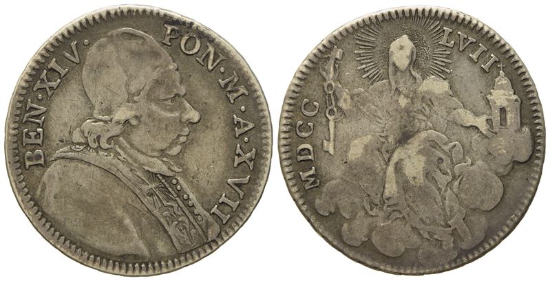 Stato Pontificio. Roma. Benedetto XIV (1740 - 1758). Doppio Giulio 1757, Anno XVII "tempio con Cr...