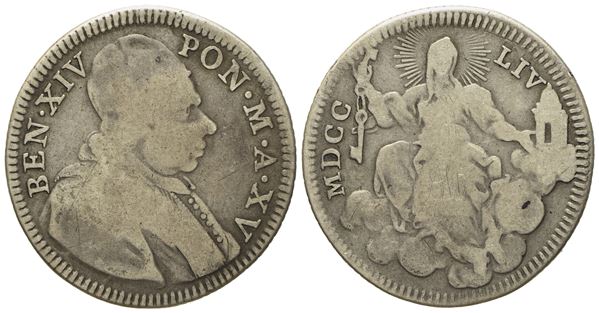 STATO PONTIFICIO. Roma. Benedetto XIV (1740 - 1758). Doppio giulio 1754, anno XV. Ag (g 4,97; mm 26,3).  - Asta Monete e medaglie medievali e moderne italiane ed estere - Bertolami Fine Art - Casa d'Aste