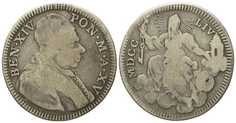 Stato Pontificio. Roma. Benedetto XIV (1740-1758). Doppio Giulio 1754, Anno XV. Munt,51b; Ag; 4,9...