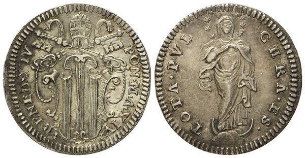 STATO PONTIFICIO. Roma. Benedetto XIV (1740 - 1758). Grosso anno XIV. Ag (g 1,35; mm 20).  - Auction Modern Coins - Bertolami Fine Art - Casa d'Aste