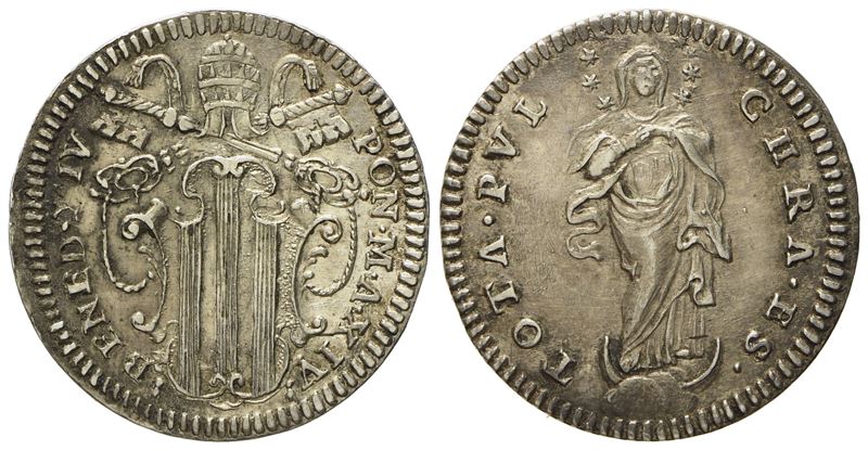Stato Pontificio. Roma. Benedetto XIV (1740 - 1758). Grosso Anno XIV. Ag (g 1,35; MM 20).