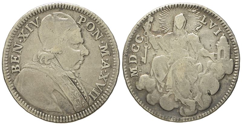 Stato Pontificio. Roma. Benedetto XIV (1740 - 1758). Doppio Giulio 1756, Anno XVII. Ag (g 5,20; M...
