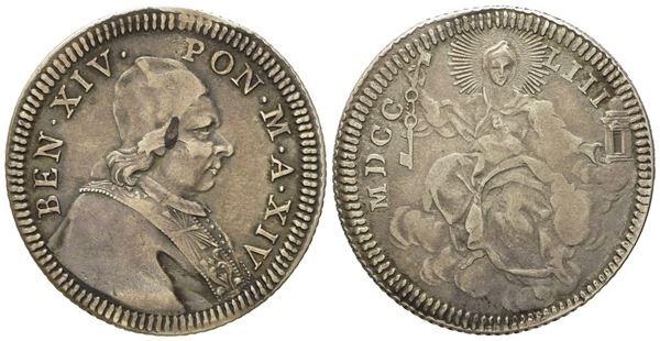 STATO PONTIFICIO. Roma. Benedetto XIV (1740 - 1758).  Doppio giulio 1753, anno XIV. Ag (g 5,15; mm 27,2).