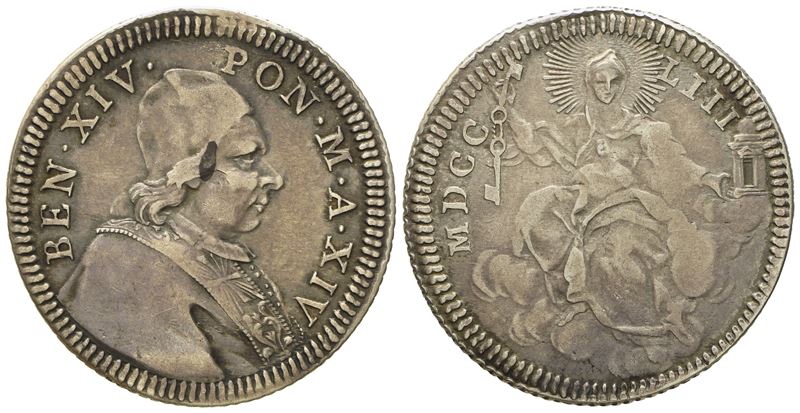 Stato Pontificio. Roma. Benedetto XIV (1740 - 1758). Doppio Giulio 1753, Anno XIV. Ag (g 5,15; MM...