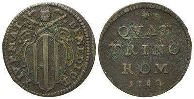 Stato Pontificio. Roma. Benedetto XIV (1740 - 1758). Quattrino 1742, Anno I. Cu (g 2,25; MM 20).