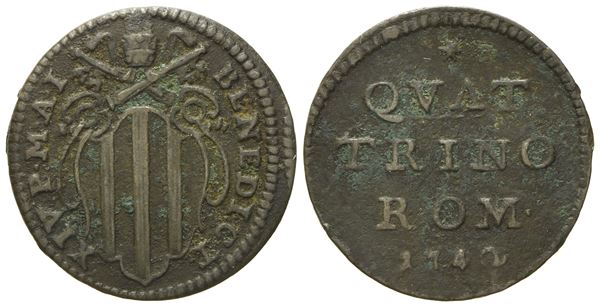 STATO PONTIFICIO. Roma. Benedetto XIV (1740 - 1758).  Quattrino 1742, anno I. Cu (g 2,25; mm 20).