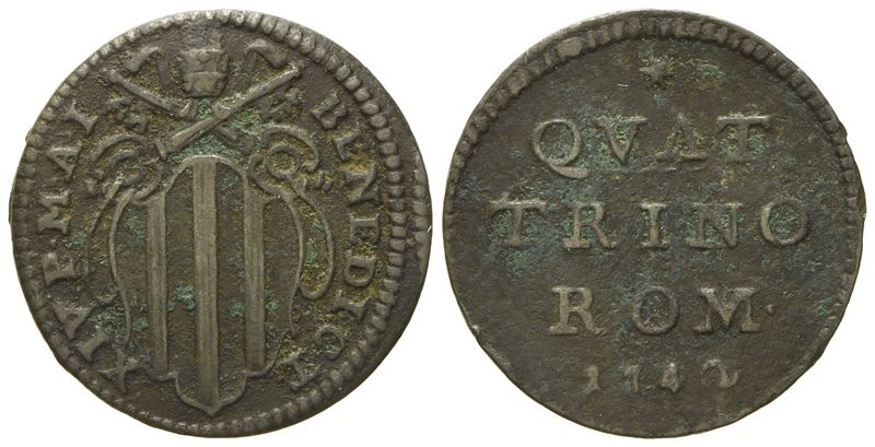Stato Pontificio. Roma. Benedetto XIV (1740 - 1758). Quattrino 1742, Anno I. Cu (g 2,25; MM 20).