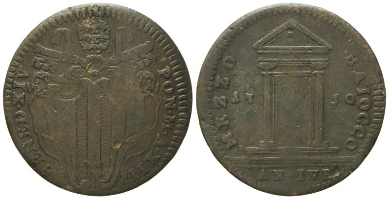 STATO PONTIFICIO, Mezzo baiocco di Benedetto XIV del 1750