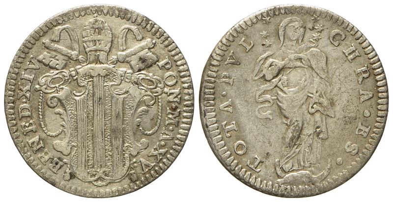 Stato Pontificio. Roma. Benedetto XIV (1740 - 1758). Grosso Anno XV. Ag (g 1,25; MM 19).