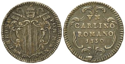Stato Pontificio. Roma. Benedetto XIV (1740 - 1758). Carlino Romano 1750, Anno XI. Ag (g 2,69; MM...