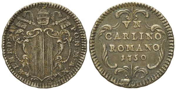 STATO PONTIFICIO. Roma. Benedetto XIV (1740 - 1758). Carlino romano 1750, anno XI. Ag (g 2,69; mm 21,3).  - Auction Modern Coins - Bertolami Fine Art - Casa d'Aste