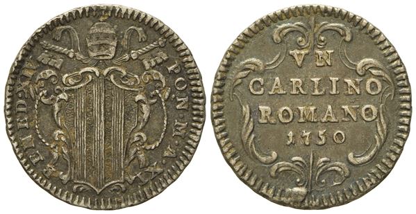 STATO PONTIFICIO. Roma. Benedetto XIV (1740 - 1758). Carlino romano 1750, anno XI. Ag (g 2,69; mm 21,3).