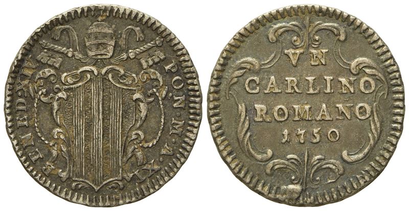 Stato Pontificio. Roma. Benedetto XIV (1740 - 1758). Carlino Romano 1750, Anno XI. Ag (g 2,69; MM...