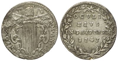 Stato Pontificio. Roma. Benedetto XIV (1740 - 1758). Grosso 1743, Anno III. Ag (g 1,29; MM 19).