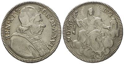 Stato Pontificio. Roma. Benedetto XIV (1740 - 1758). Doppio Giulio 1756, Anno XVII. Ag (g 5,20; M...