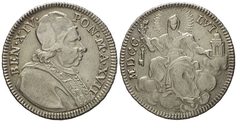 Stato Pontificio. Roma. Benedetto XIV (1740 - 1758). Doppio Giulio 1756, Anno XVII. Ag (g 5,20; M...