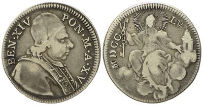 Stato Pontificio. Roma. Benedetto XIV (1740 - 1758). Doppio Giulio 1755, Anno XV. Ag (g 5,12; MM ...
