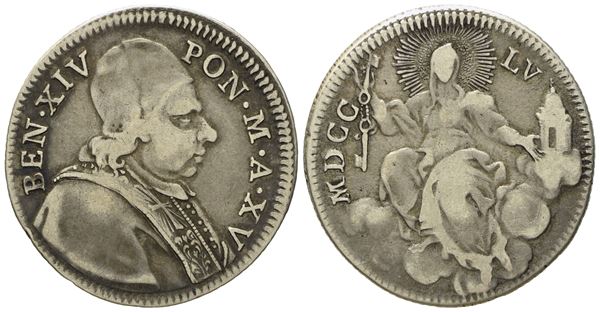 STATO PONTIFICIO. Roma. Benedetto XIV (1740 - 1758). Doppio giulio 1755, anno XV. Ag (g 5,12; mm 26).  - Asta Monete e medaglie medievali e moderne italiane ed estere - Bertolami Fine Art - Casa d'Aste