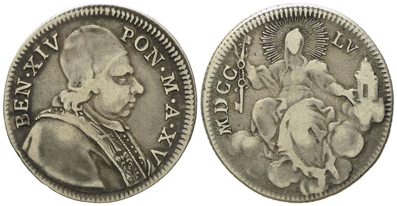 Stato Pontificio. Roma. Benedetto XIV (1740 - 1758). Doppio Giulio 1755, Anno XV. Ag (g 5,12; MM ...