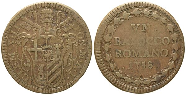 STATO PONTIFICIO. Roma. Clemente XIII (1758 - 1769). Baiocco 1758. Cu (g 10,45; mm 32,4).  - Asta Monete e medaglie medievali e moderne italiane ed estere - Bertolami Fine Art - Casa d'Aste