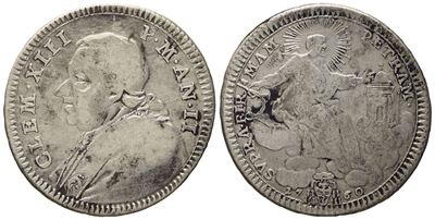 Stato Pontificio. Roma. Clemente XIII (1758 - 1769). Doppio Giulio, Quinto di Scudo 1760, Anno II...