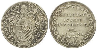 Stato Pontificio. Roma. Clemente XIII (1758 - 1769). Giulio 1763, Anno V. Ag (g 2,60; MM 23,4).