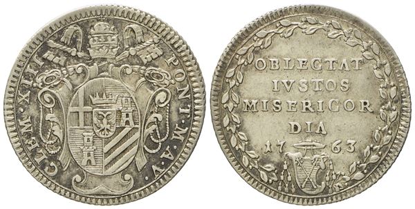 STATO PONTIFICIO. Roma. Clemente XIII (1758 - 1769). Giulio 1763, anno V. Ag (g 2,60; mm 23,4).  - Auction Modern Coins - Bertolami Fine Art - Casa d'Aste