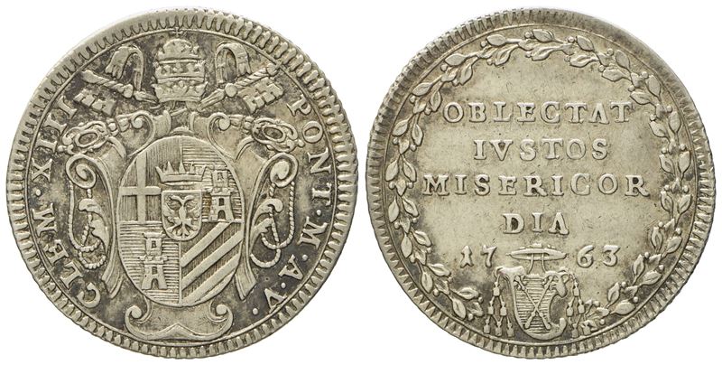 Stato Pontificio. Roma. Clemente XIII (1758 - 1769). Giulio 1763, Anno V. Ag (g 2,60; MM 23,4).